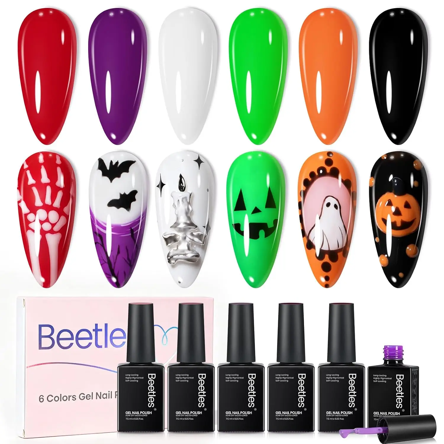 Beetles 6-Color Halloween Spell Neon Gel Nail Polish Set, 7.5ml, Gentle Soak-Off UV LED, Colorful Pumpkin Red Black White Green Purple Shades, Shiny Finish, Lamp-Curable, Gradient Mix, Long-Lasting for Salon/Home DIY & Holiday Gift, 6 Colors Halloween Spe