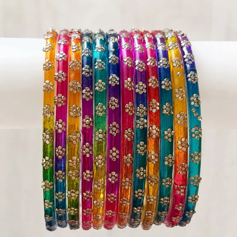 Women's 12-Piece Stackable Rhinestone Flower Motif Glass Bangles, Gold Multi-Colors Indian Bridal Churiyan, 2-Sizes Costume Jewelry Day Present for Female Use, Stackable Bangle