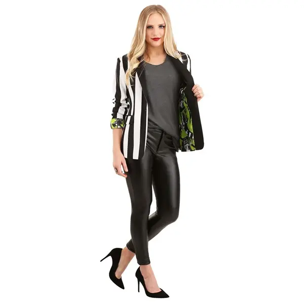 HalloweenCostumes Women's Chic Halloween Polyester Striped Long-Sleeve Blazer with Shawl - Elastane, Twist Detail, Dressy Fit Women's Suit - Full Story, Funny, Freaky Occasions