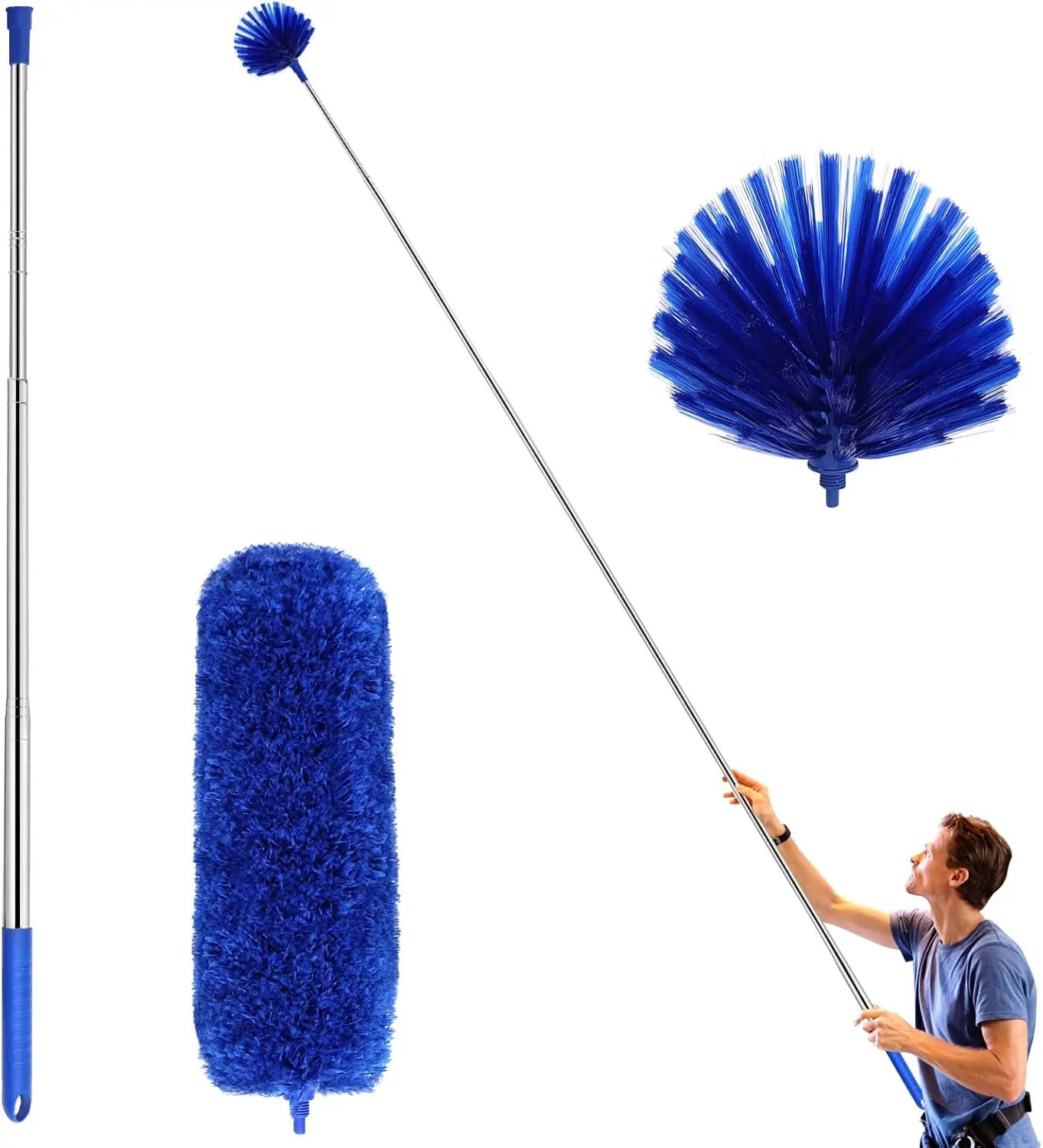 Washable Microfiber Duster Set with 15-100 in Telescopic Stainless Steel-Metal Aluminum Pole, Extendable Cleaning Tool for Ceiling Fan