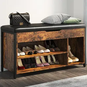 Shoe Bench, Lift Top Shoe Storage Bench, Adjustable Shelf Entryway Bench, Metal and Wood Shoe Rack Organizer with Cushion for Entry, Bedroom, Closet, Living Room, Hallway (Brown, 39.5“W)