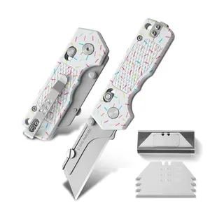 Folding Utility Knife,Pocket Knife with Pocket Clip,Quick Change Box Cutter with Rail Lock,EDC Razor Knife with 4Pcs Extra Razor Blades,Ideal Gifts for Women（Ice Cream）