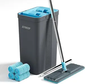 JOYMOOP Mop and Bucket Set with Wringer, 360° Rotating Head, 4 Microfiber Pads, Extensible Handle, Grey+Cyan Blue, for Floor & Wall Cleaning