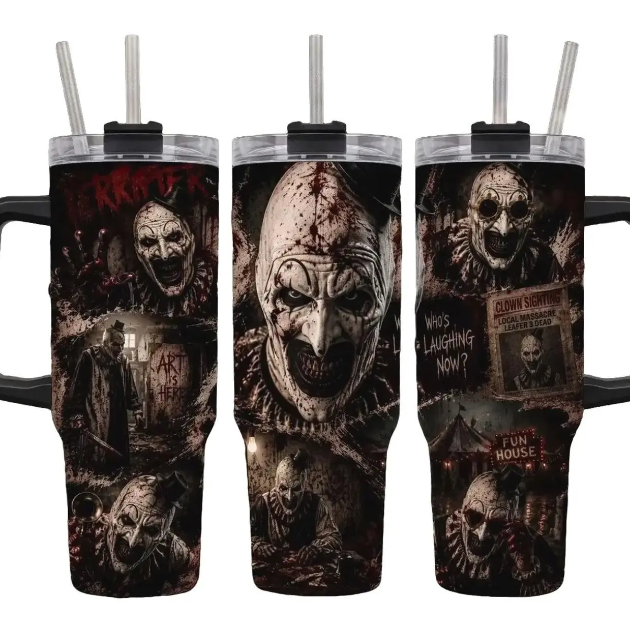 [MADE IN US] Vacuum Insulated Tumbler Terrifier Art The Clown with Lid and Straw - Stainless Steel Travel Coffee Mug Double Wall Hot & Cold Drink Cup Leakproof Portable