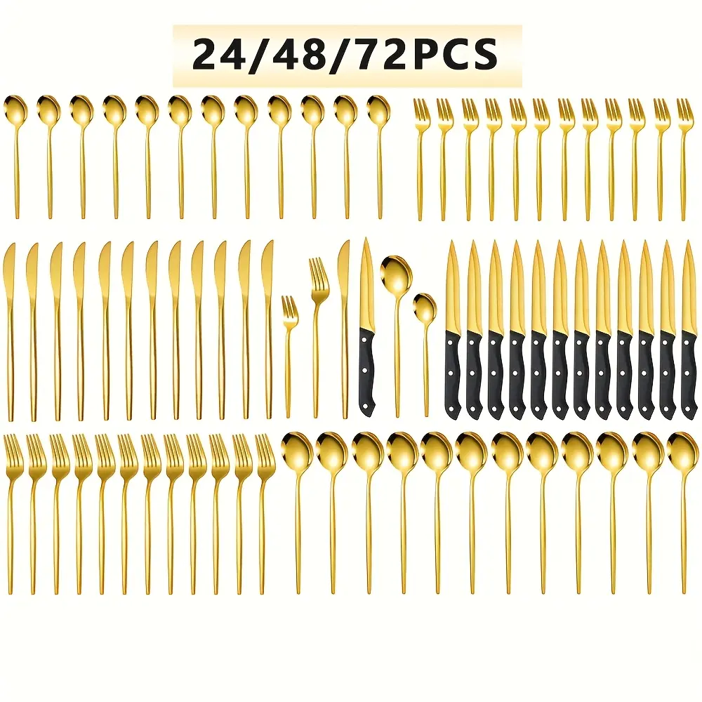 72/48/24PCS Deluxe Golden Stainless Steel Cutlery Set, Portugal Western Steak Knives, Forks And Spoons Flatware Set, 4/8/12 Person Mirror Polish Families Hotels Silverware Set, Dishwasher Safe