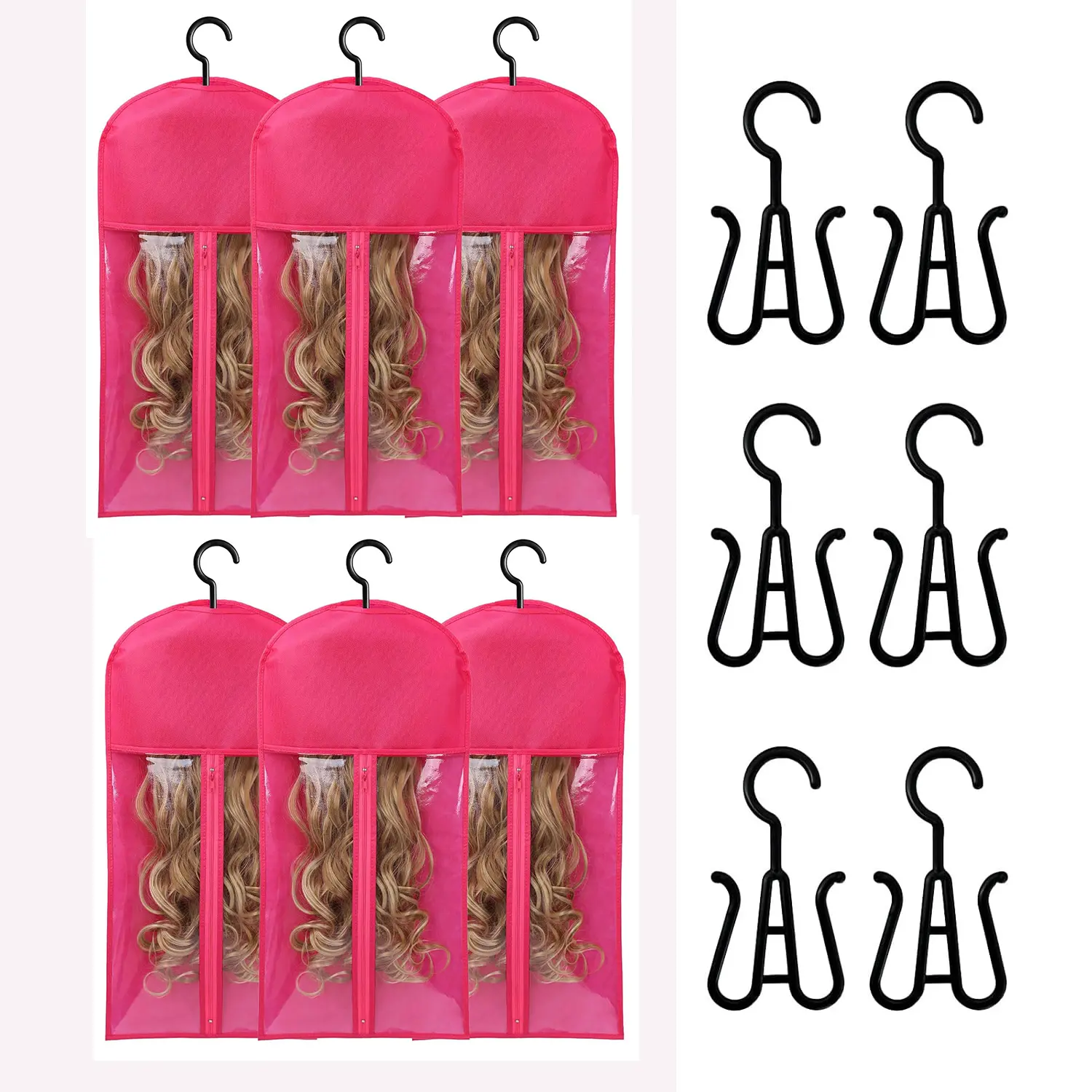 6PCS Hair Extension Holder 2026 New wig storage wig hanger Wig Bagfor Multiple Organizer for Multiple  Extensions Wigs & Accessories (Pink) Wig Maintenance Kit Wig Install Kit