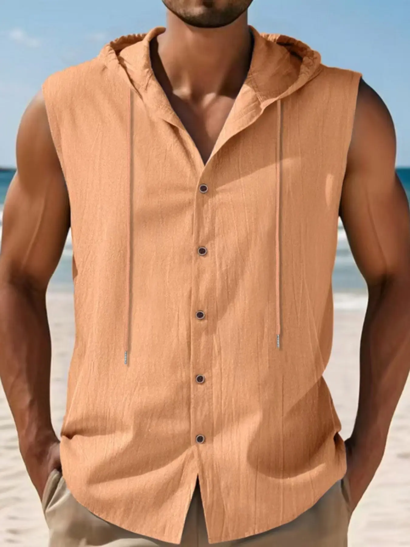 Men's Spring ＆ Summer Outfits Solid Color Sleeveless Hooded Henley Shirt, Sleeveless Loose Hoodie, Textured Cotton Linen Blend, Button Down Placket & Drawstring Hood, Casual Beach Top for Summer Vacation & Daily Wear