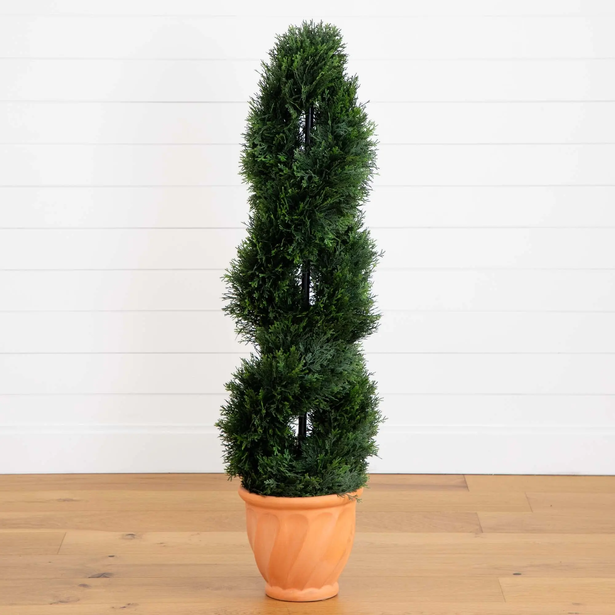 4.5ft Light Synthetic Double Cypress Topiary Artificial Tree, Indoor-Outdoor Decor, in Terracotta Planter, for Home Decor