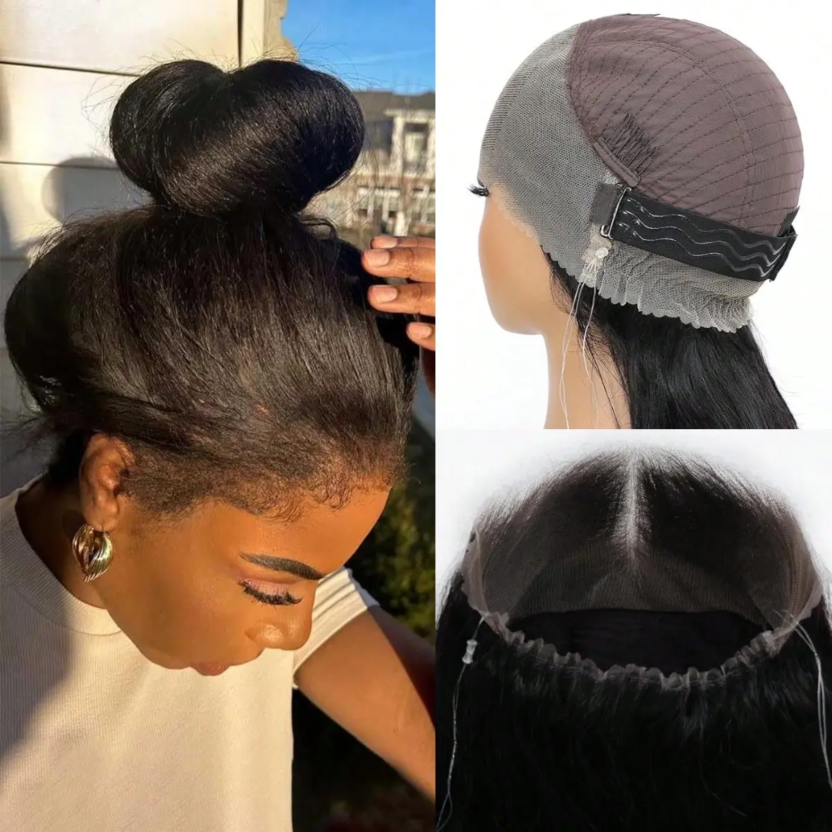 250% High Density Kinky Straight Wig Human Hair Glueless Wig 360 HD Lace Frontal Wigs 3-In-1 Half Wig Brazilian High Ponytail Yaki Straight Glueless Wigs For Women Beginner Friendly Pre Cut  Pre Plucked Wear And Go Wig SummerVibes
