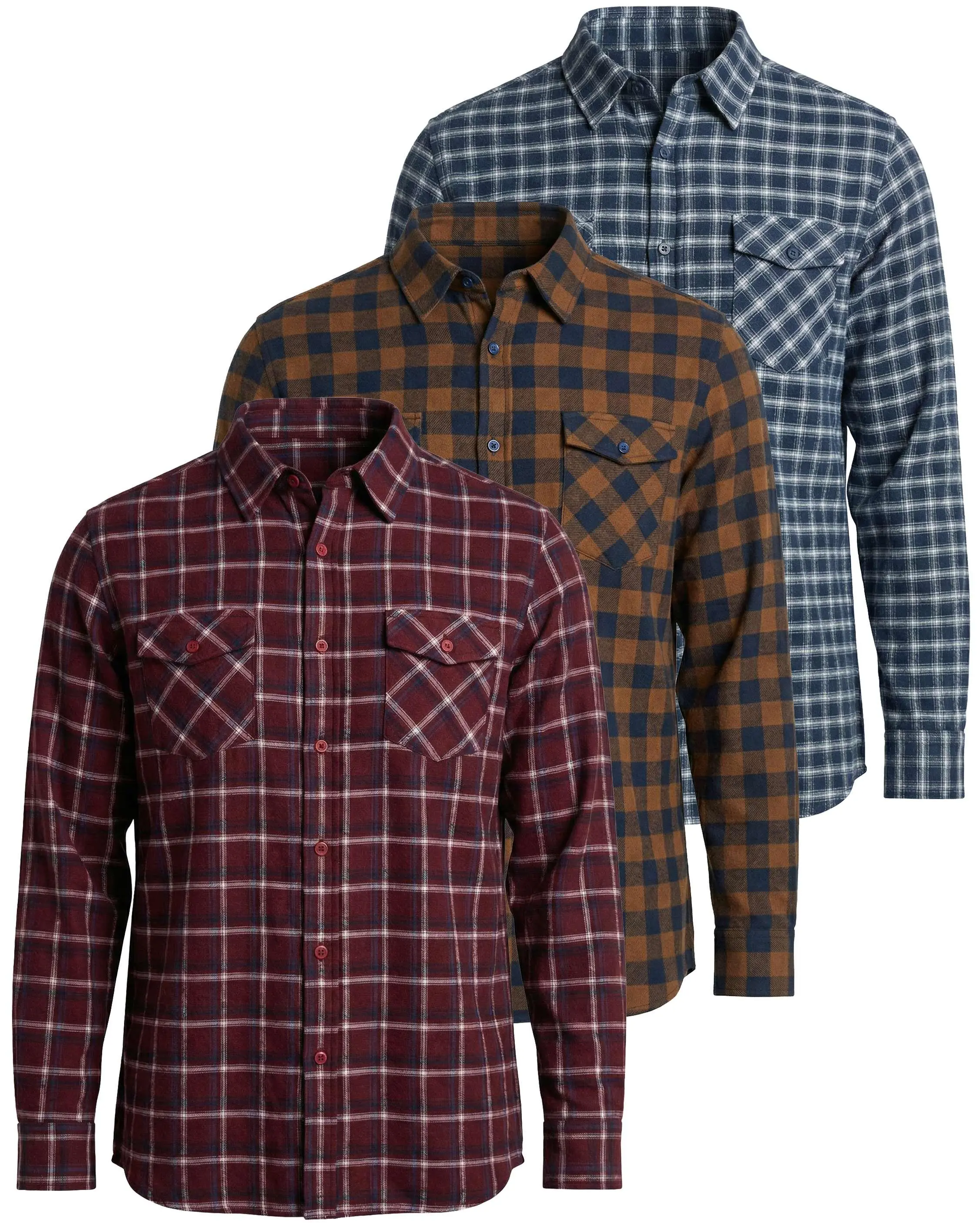 Real Essentials 3 Pack: Men's Long-Sleeve Flannel Button Down Plaid Casual Shirt (Available in Big & Tall)