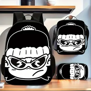 3-piece graffiti anime backpack set, including a tote bag and pencil case - large-capacity school bag with a laptop compartment, adjustable shoulder straps, and zipper closure design, featuring a black-and-white Japanese manga style, suitable for teenager