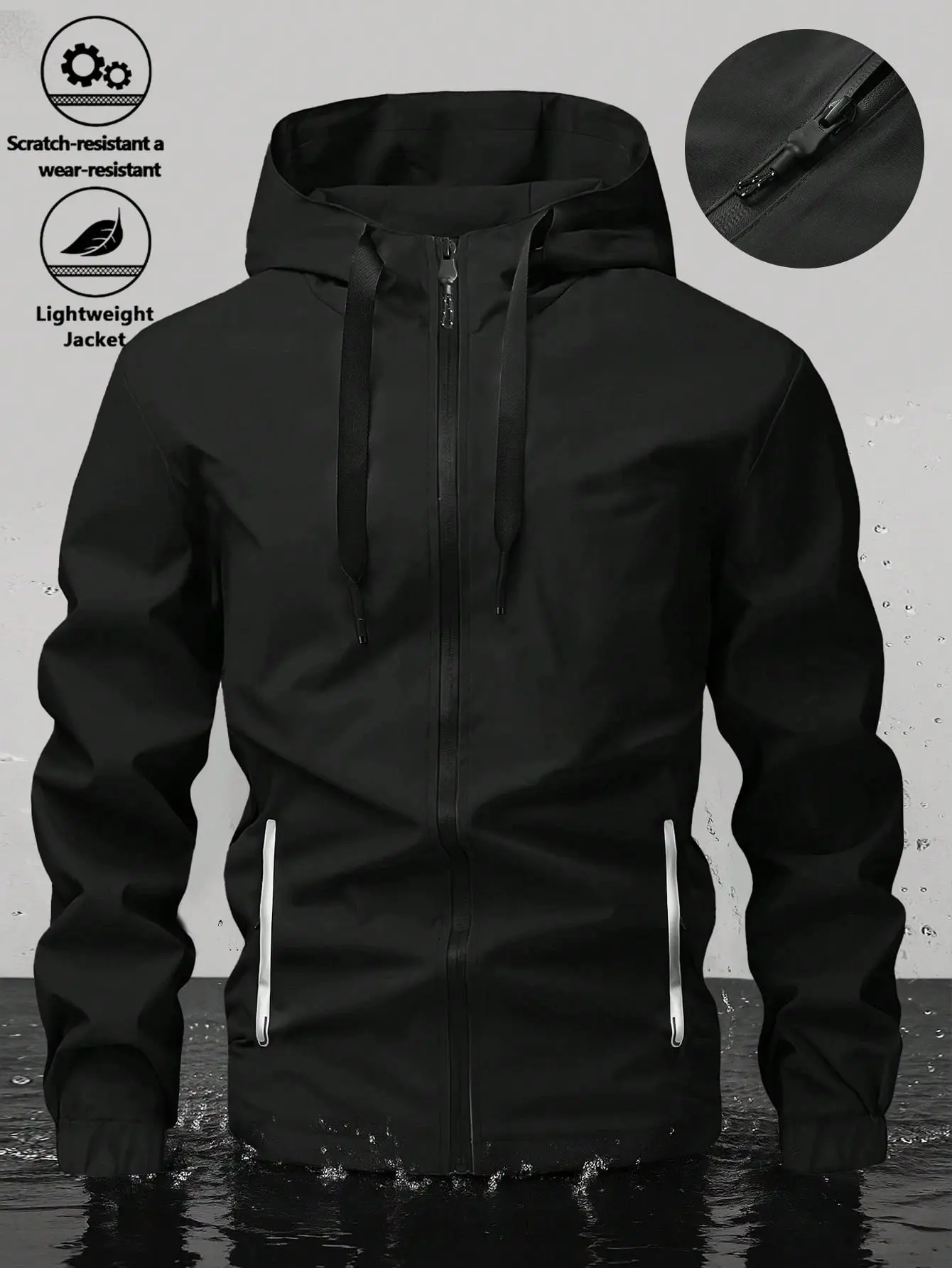 Men's Regular Fit Polyester Hooded Waterproof Hardshell Jacket - Durable, Scratch-Resistant, Lightweight Zip-Up Windbreaker for Outdoor Casual Activewear