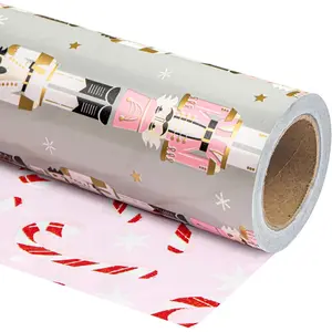 Mini Reversible Christmas Wrapping Paper Roll - Nutcracker and Candy Cane Printed on Pearlized Paper - 17 Inch X 33 Feet