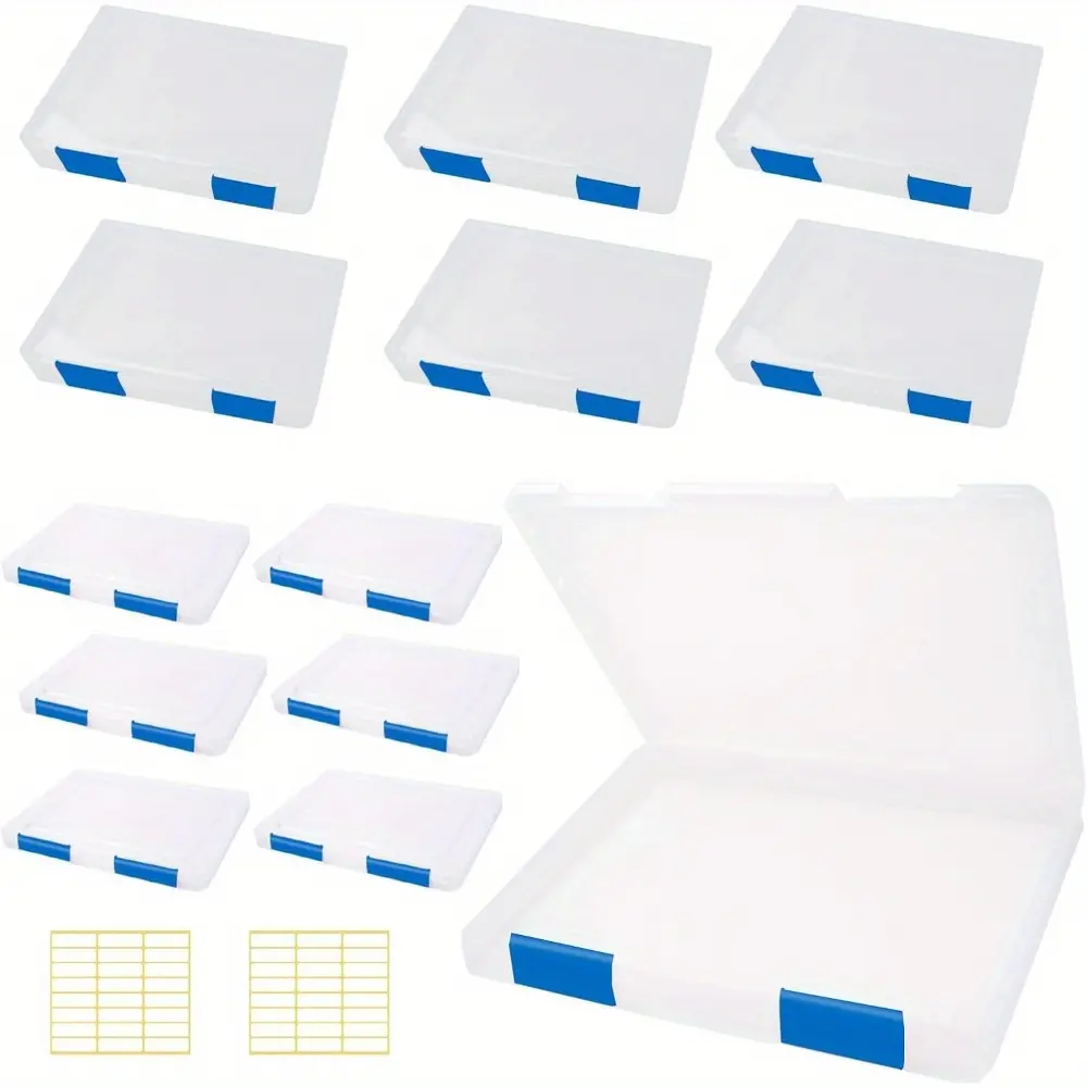 12 Pcs Clear A4 A5 File Box Document Plastic Storage Box with 48 Labels File Holder Organizer Paper Plastic Case Magazine Protector with Buckle Office School Supplies(Blue)