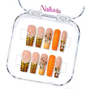 Nailuvia｜10PCS 100% Handmade Press-On Nails｜D125 1.3 Inch｜Reusable Colorful Art Acrylic Stylish｜Tiger Print & Orange Floral