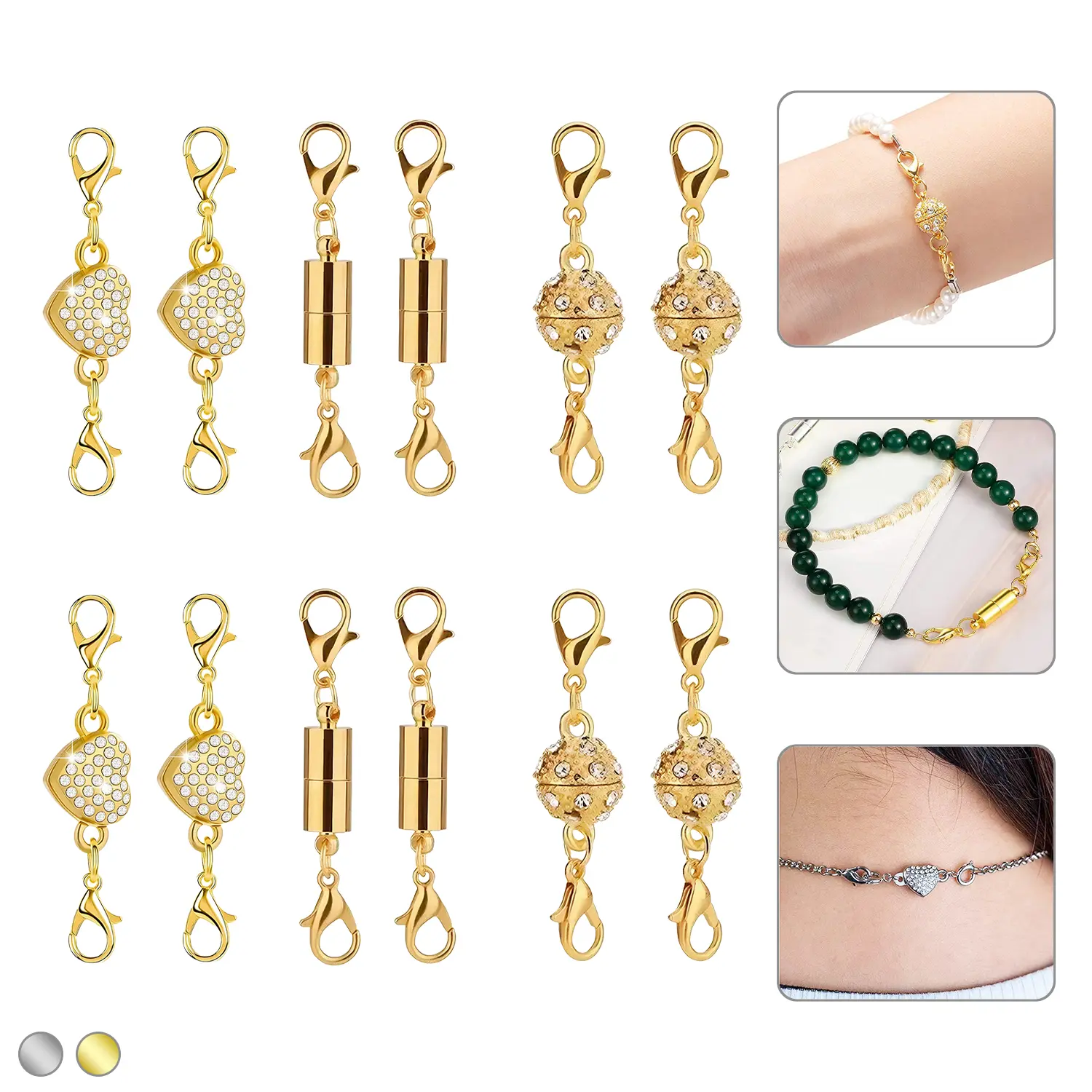 12 Pack Magnetic Necklace Clasps and Closures Necklace Jewelry Extender with Strong Magnet Magnetic Gold and Silver Plating Gift Stainless Steel Charm