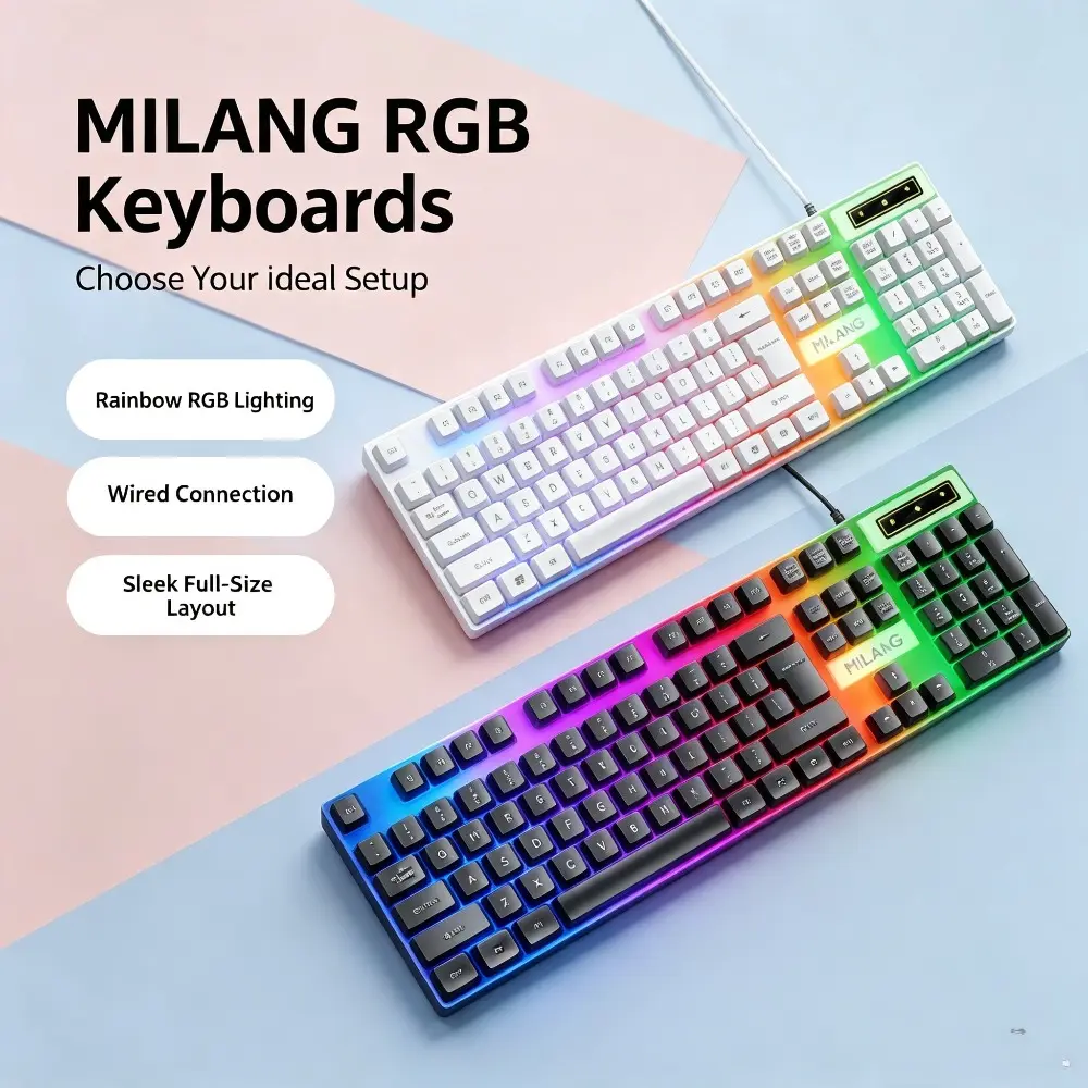 1pc Wired Full-Size Gaming Keyboard - 104-Key, Rainbow RGB Backlit, USB Plug-and-Play, Ergonomic Quiet Keys for Gaming, Office, Home Use (Compatible with Computers, Laptops, Desktops)