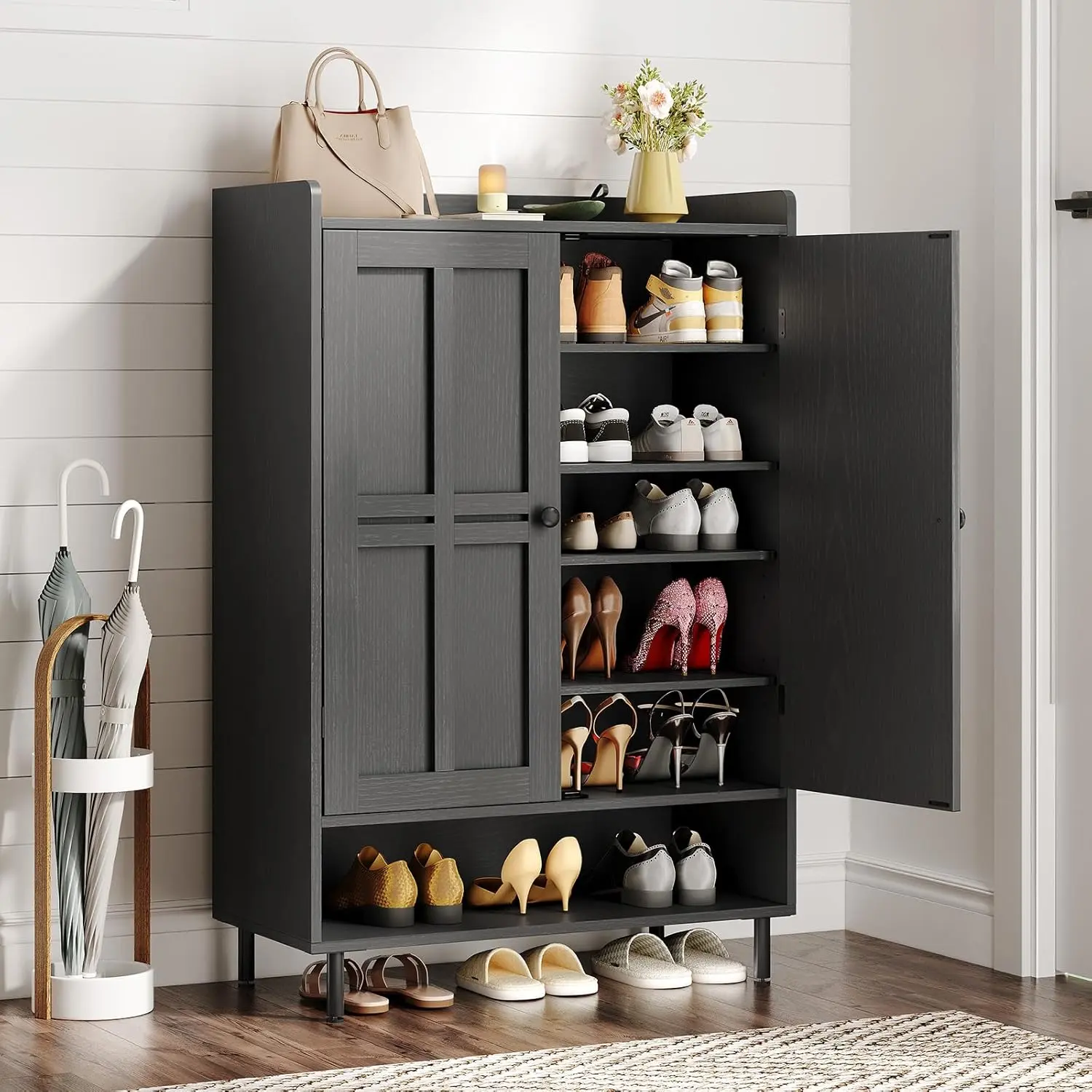 【Up to 24 Pairs & Adjustable Shelves】ONBRILL 7+1 Tier Farmhouse Shoe Storage Cabinet, 45'' Tall Modern Shoe Cabinet with Metal Legs, Shoes Rack Organizer Cabinet for Entryway, Front Door,Livingroom Bedroom Furniture,Christmas Gift【BackToSchool】