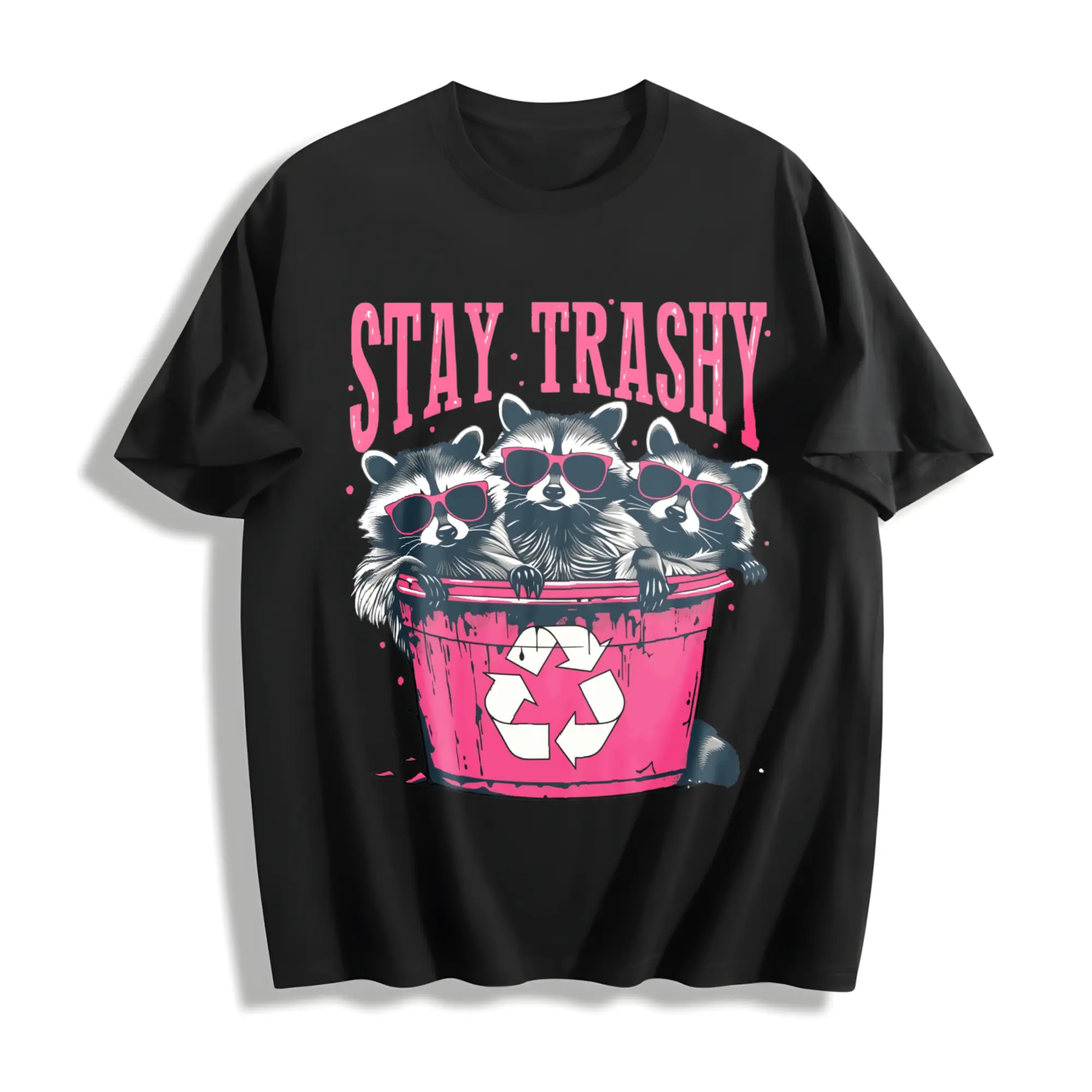 Men's Unisex Breathable Short-Sleeve Round Neck Heavyweight Washed Black T-Shirt - Pink Raccoon & Bin Design, Relaxed Fit Tops for Summer Festivals, Ironic Gifts | Eco-Conscious Humor Casual Style