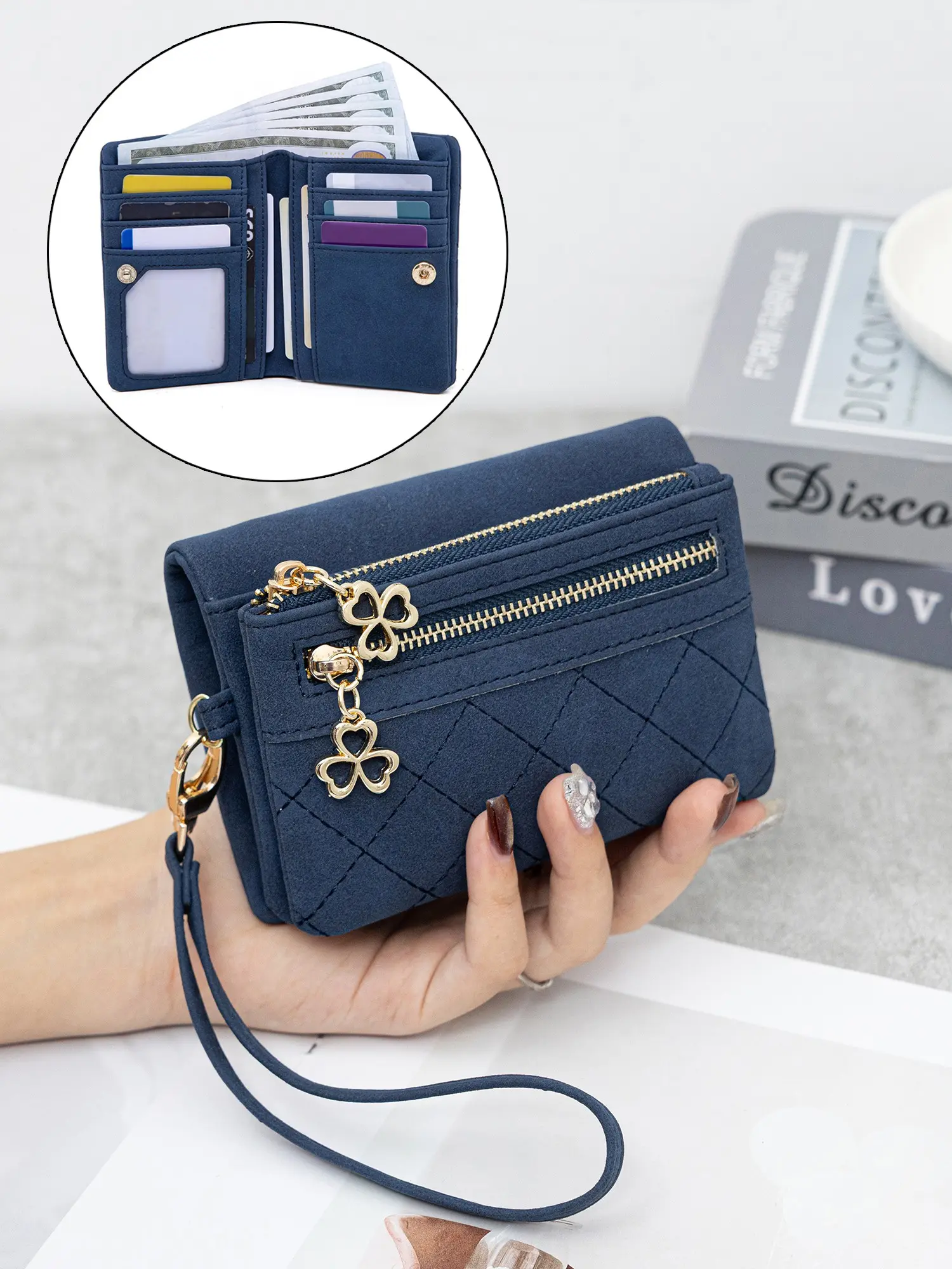 Women's Bi-Fold Multi-Functional Casual Wallet, Dual Zipper Coin Purse With Wrist Strap, Multiple Card Slots & Coin Pocket, Compact Portable Card Holder For Daily Carry, Wallets Women