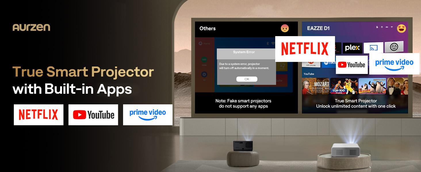 Aurzen EAZZE D1 Smart Projector - Native 1080P, 200 Lumens LCD Panel, WiFi, Bluetooth, Built-in APP, Auto Focus/Keystone, 16W Dolby Audio Speakers, HDR10, USB, Multi-Mounts, Portable Mini Home & Outdoor Movie Projector