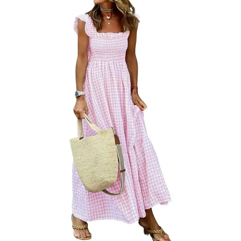 Women's Retro Plaid Smocked Spaghetti Strap Flounce Long Dress - Sleeveless, Flowy, Cute, Elegant, with Pockets, Casual Wear - Sports & Outdoor Dancewear for Evening Dance