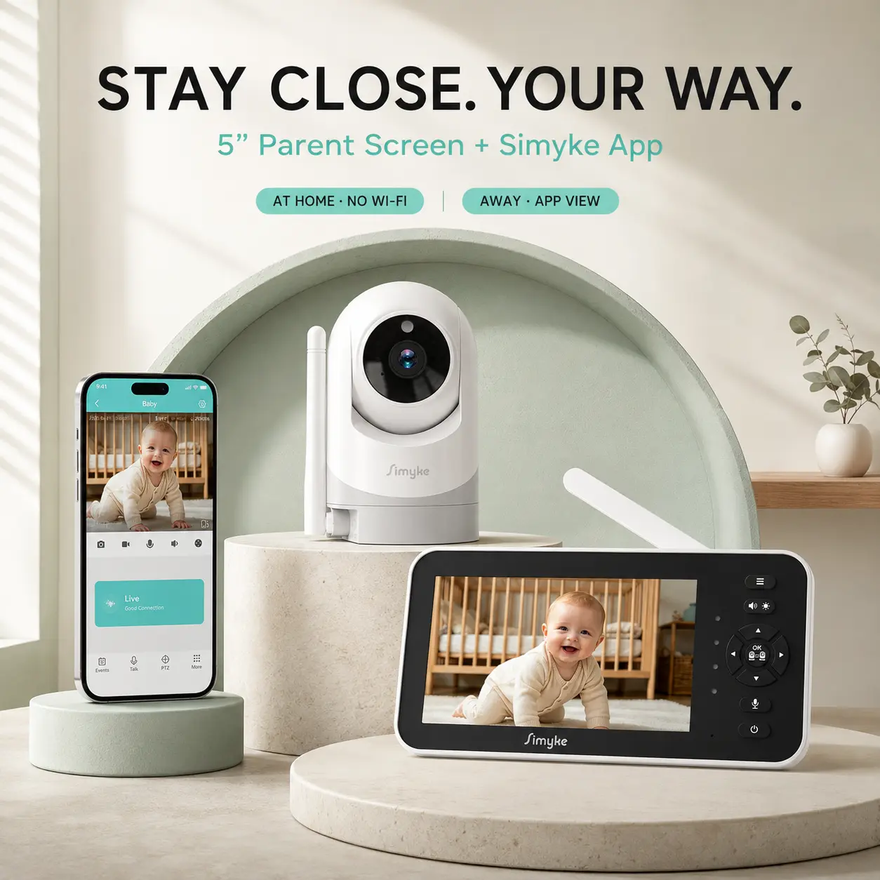 Simyke Video Baby Monitor with 360 Camera and Audio, 5" No-WiFi Parent Screen + Smartphone App for Remote Viewing, 1080P HD Pan-Tilt-Zoom, Night Vision, 2-Way Talk, VOX Mode, 4200mAh Battery, 1500ft Range