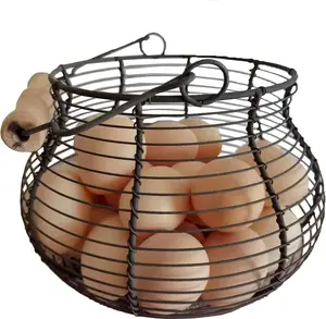 Farmhouse Wire Egg Basket with Handle  Vintage Metal Egg Collector | Rustic Kitchen Countertop Storage | Fresh Egg Gathering Basket (Round)