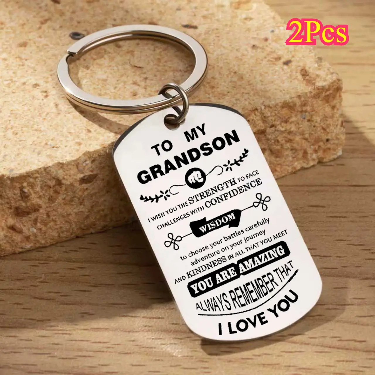 Customized Dog Tag Keychains for Grandson, 2-Piece Stainless Steel Set with Engraved Nameplate & Heart Charm, Anti-Rust Coated Strength Gift, Anti-Rust Coated Keychains, Corrosion-Free, Custom Logo Keychains