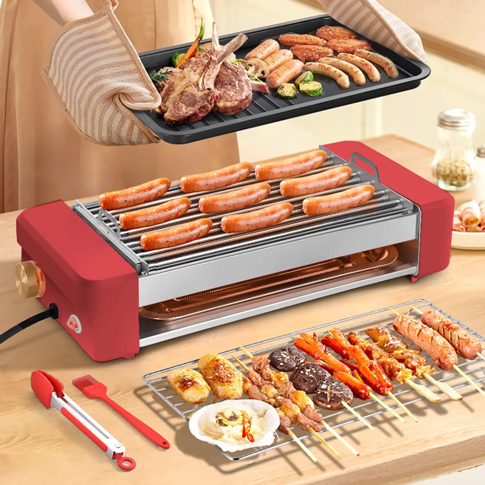 Commercial-Household Hot Dog Roller Machine, Kitchen Sausage Contact Grill Cooker for Family Use