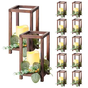 【FathersDayGift】VEVOR 12 Set/36 Pcs Wooden Wedding Lantern Centerpiece, Includes 12 Wooden Lantern Candle Holder 12 Flameless LED Candle 12 Eucalyptus Leaves Wreath for Wedding Table Party Farmhouse Decor, Brown