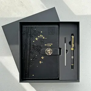Chinsikol Gift Box Set, Chinese Style Notebooks with Metal Pen and Replacement Refills, Bamboo Pattern, Office Meeting Notes, Study Journals, Portable Notebook