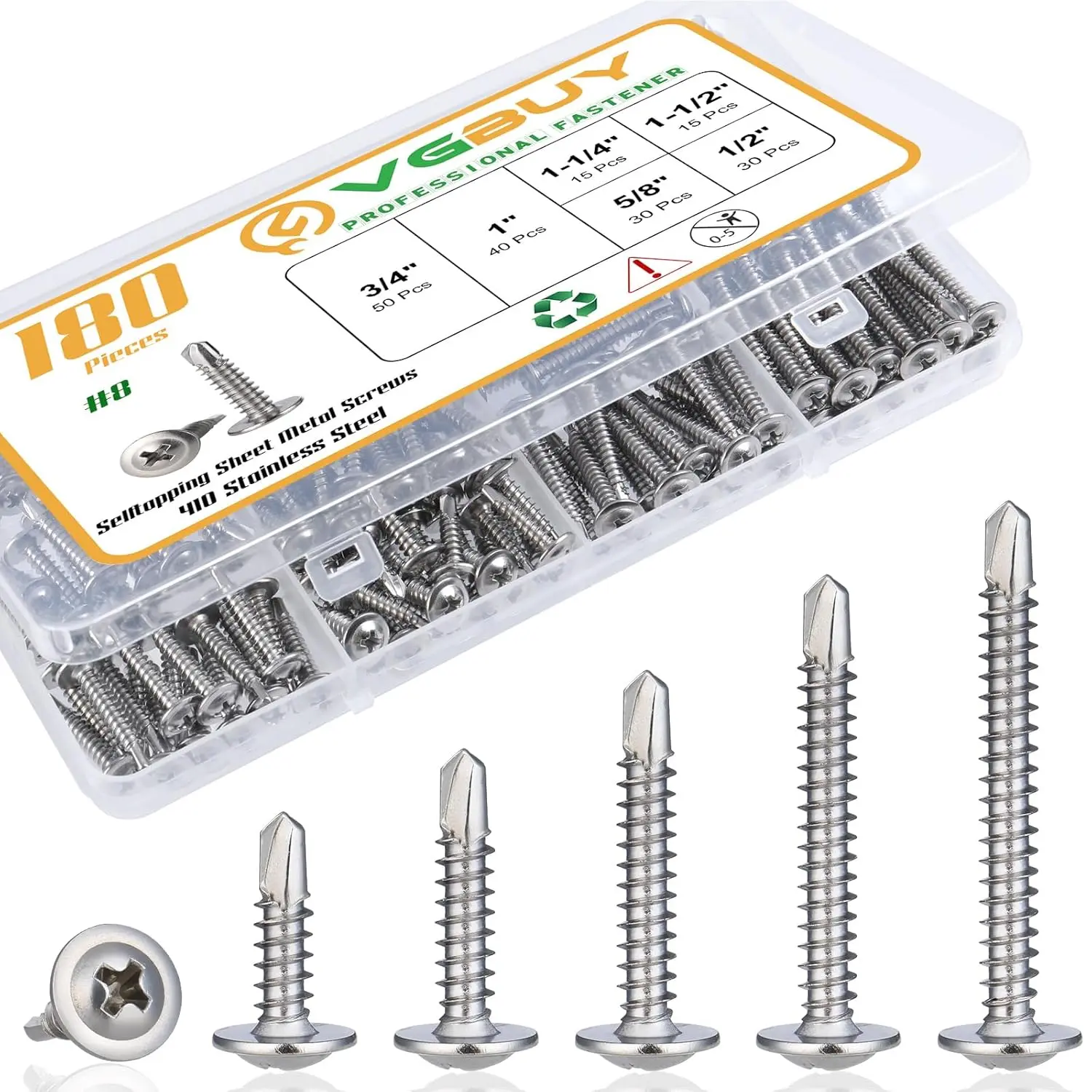 180 count #8 Sheet Metal Screws Assortment Kit, 410 Stainless Steel Self Tapping Screws for Metal, Self Drilling Screws, 6 Sizes (1/2", 5/8", 3/4", 1", 1-1/4", 1-1/2")  Truss