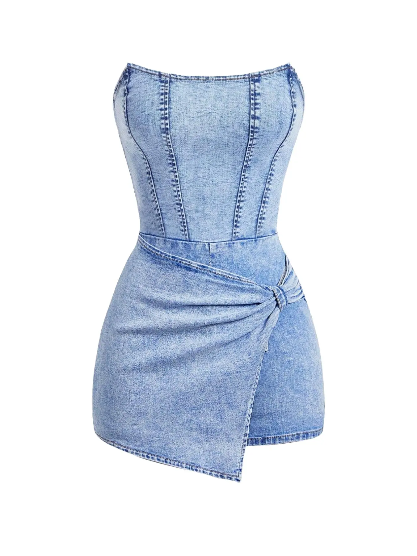 Women's Halter Waist Light Wash Denim Skirt Pants, Asymmetrical Wrap Mini Dress Jumpsuit, Fashion Versatile Street Style, Trendy Casual Wear Everyday, Fitted, Streetwear