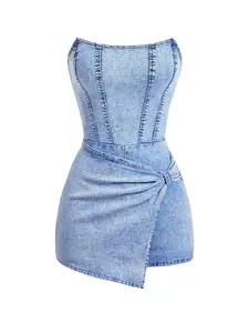 Women's Halter Waist Light Wash Denim Skirt Pants, Asymmetrical Wrap Mini Dress Jumpsuit, Fashion Versatile Street Style, Trendy Casual Wear, Fitted, Streetwear