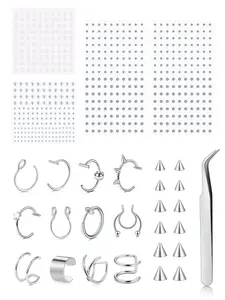 Face Gems Fake Piercings, Fake Lip Ring Fake Nose Rings Faux Nose Ring Nose Hoop Fake Eyebrow Piercing Fake Lip Piercing Self-Adhesive Face Sticker Fake Piercing Balls Silver Cool Punk Y2k Halloween Makeup For Women Men