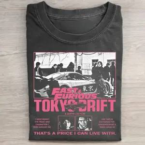 Gildan Menswear Round Neck Short-Sleeve T-Shirt - Vintage Casual Streetwear Top, Fast & Furious Tokyo Drift Graphic Tee with Mazda RX-7, Sean Boswell & Han Lue Iconic Movie Design