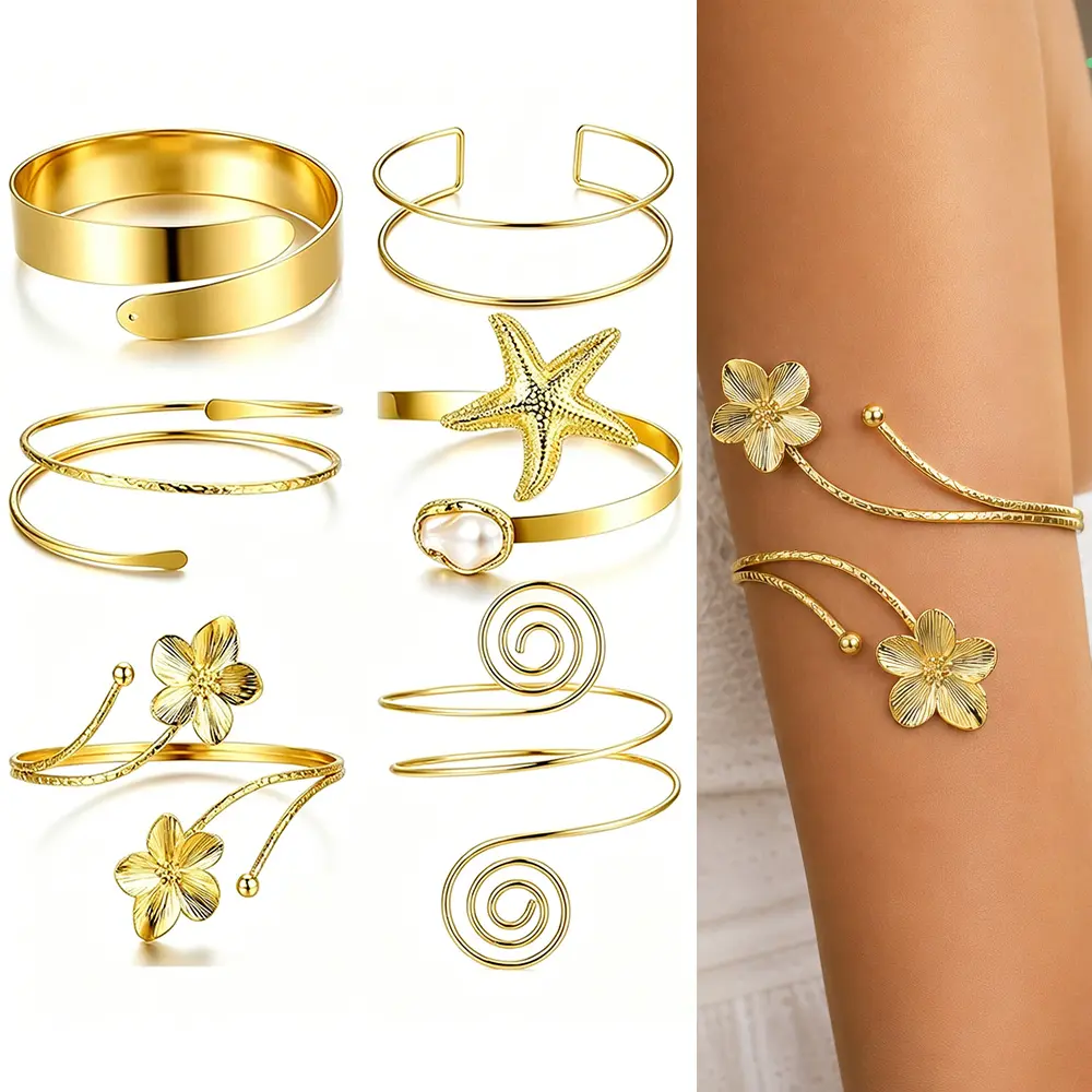 6Pcs Gold‑Tone Boho Upper Arm Cuff Bracelet Set, Open Adjustable Stackable Armlet Bangles, Geometric Spiral Leaf Statement Body Jewelry for Women, Beach Festival Party Daily Wear