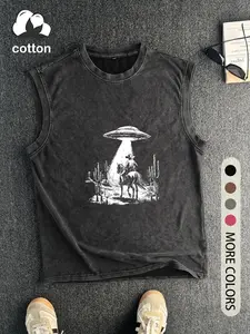 Men's Vintage UFO Print Round Neck Tank Top, Regular Fit Casual Sleeveless Crew Neck Top for Summer, Fashion Men's Top for Daily Wear, Socks
