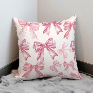MEMNUN 1pc Simple Pink Bow Print Polyester Pillow Cover, Home Decor Cushion Cover For Sofa, Bedroom, Car, Suitable For Daily Use Or High-End Minimalist Self-Use, Without Pillow Insert, Bedroom Decorative Accessories