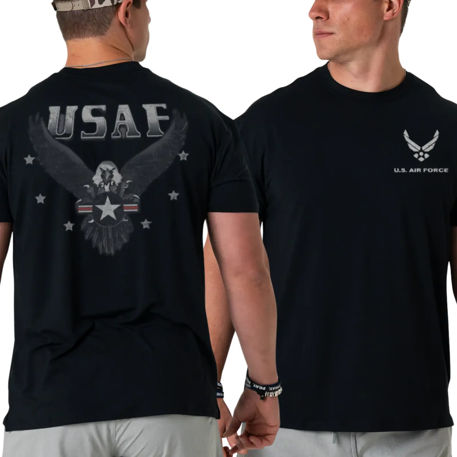Men's & Women's U.S. Air Force Cotton Crew Neck Short-Sleeve T-Shirt - Dark Heather, 2-Sided USAF Graphics, Eagle Wings & Star Emblem Back Print, All Seasons Military Pride Apparel for Active-Duty Airmen & Veterans