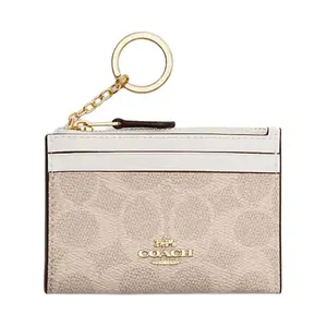 COACH Skinny ID Case with Logo Metal Zipper Closure, Synthetic Leather and Plastic Mini Card Holder for Women in Sand and Chalk White