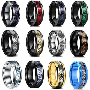 Classic 8mm Black Tungsten Wedding Celtic Dragon For Men Fashion Stainless Steel Red Carbon Fiber Ring Band