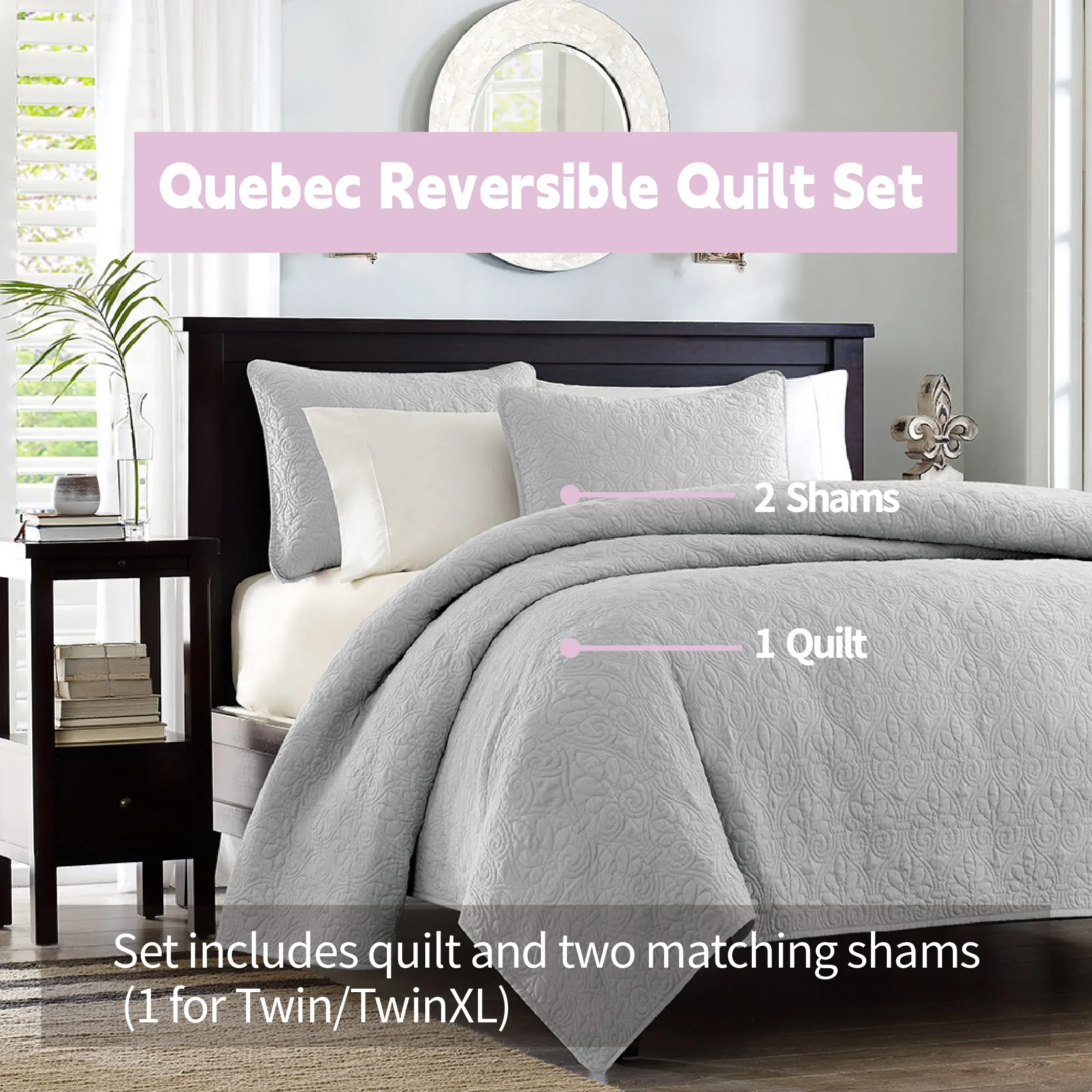 Madison Park Quebec Reversible Quilt Set Damask Design, Double Sided Stitching All Season, Lightweight Bedspread Bedding Set, Matching Sham, Full/Queen, King/Cal King, 3 Piece