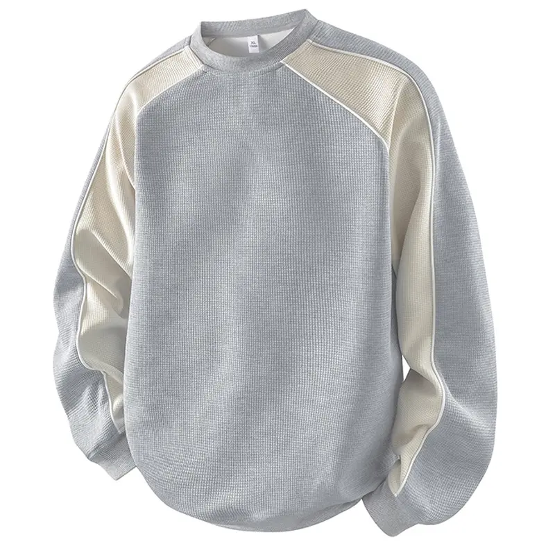 Men’s Stylish Casual Color-Block Waffle Round Neck Longsleeves Pullover Sweatshirt - Raglan Sleeves, Loose Fit, Textured Top for Outdoor Street Style #FathersDayGift