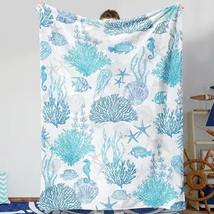 Blue Ocean Beach Throw Blanket Nautical Coastal Bed Blanket Starfish Seashell Coral Blankets Super Soft Flannel Fleece Throw Blanket for Couch Bed Decor "50 x60"