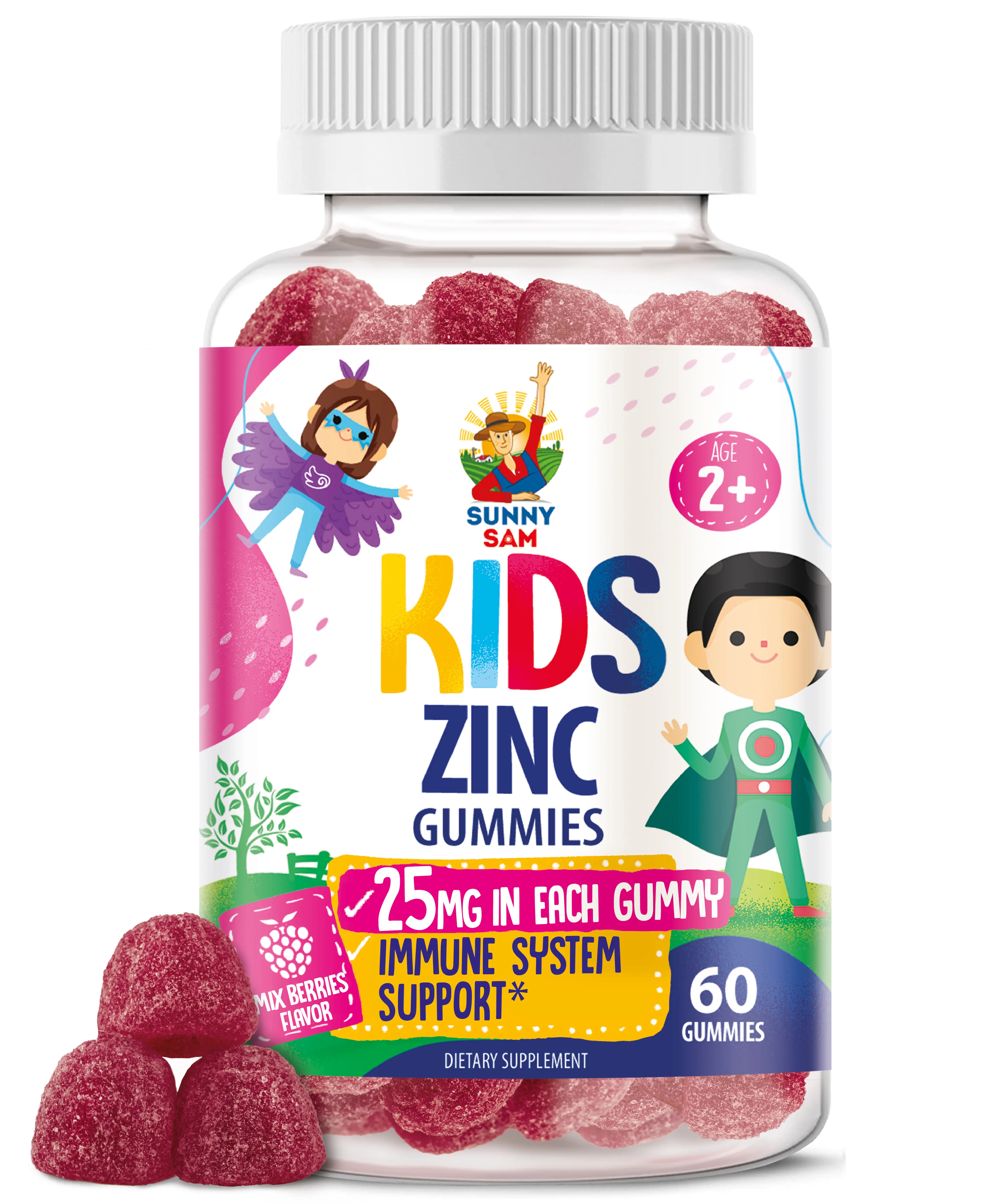 Sunny Sam Youth Children's Zinc Vitamin Gummies - 25mg Zinc Per Gummy, Low Sugar Vegan Pectin Chewables, Immune Support Antioxidant, GMO-Free Gluten-Free No Gelatin, Raspberry Flavor Daily Supplement, 60 Pieces 60-Day Supply