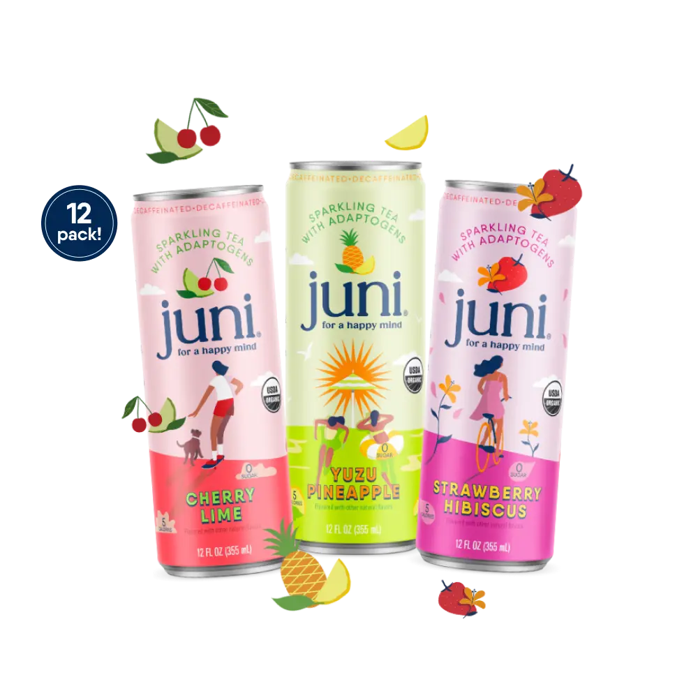 JUNI Sparkling Adaptogen Beverage with Ashwagandha and Lion’s Mane Mushroom, Green Tea for Focus, Zero Sugar, Organic, Non Alcoholic Drinks, 12-pack