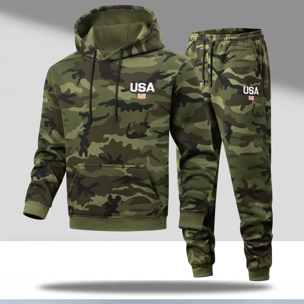 Camouflage hoodie sweatshirt and sweatpants two piece set, American military style with flag letter embroidery details, drawstring cuffs, versatile casual outfit for men for everyday outings and home wear.