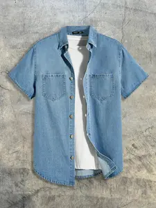 AXEPEAK Men's Cotton Pocket Patched Denim Shirt Without Tee, Streetwear Essentials